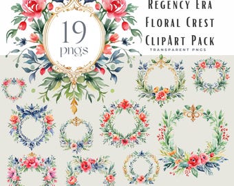 Regency Era Clipart, Regency Clipart, Watercolor Wedding Crest Clipart, Floral Crest Clipart, Family Crest Clipart, Bright Floral Frame