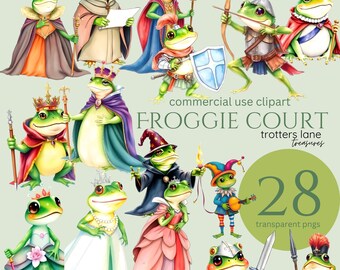 Clipart di rana delle fiabe in formato PNG, clipart del principe e della principessa rana, clipart di cavaliere medievale, animali fantastici da libro di fiabe, corte reale fantasy