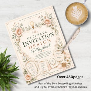May include: The Ultimate Invitation Design Playbook with floral accents, a pen, and a latte. The book includes layouts, wording banks, and tools for creating invitations. The book has over 450 pages.