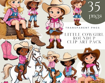 Cute Cowgirl Clipart, Pink Cowgirl PNG, Baby Girl Cow Girl Clipart Bundle, Wild West, Cowboy PNG, Multicultural Cowgirls, Baby Shower,