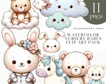 Nursery Animals Clipart, Baby Animal PNGs, Watercolor Bunny Bear Unicorn, Cute Nursery Art Pack, Pastel Baby Clipart, Commercial Use