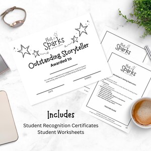 May include: Black and white printable certificate that says "Plot Sparks Outstanding Storyteller Awarded to" with a date and signature line.  The certificate is accompanied by a black and white worksheet titled "Worksheet 2: Setting Exploration" with a teacher guide.  The text "Includes Student Recognition Certificates Student Worksheets" is at the bottom of the image.