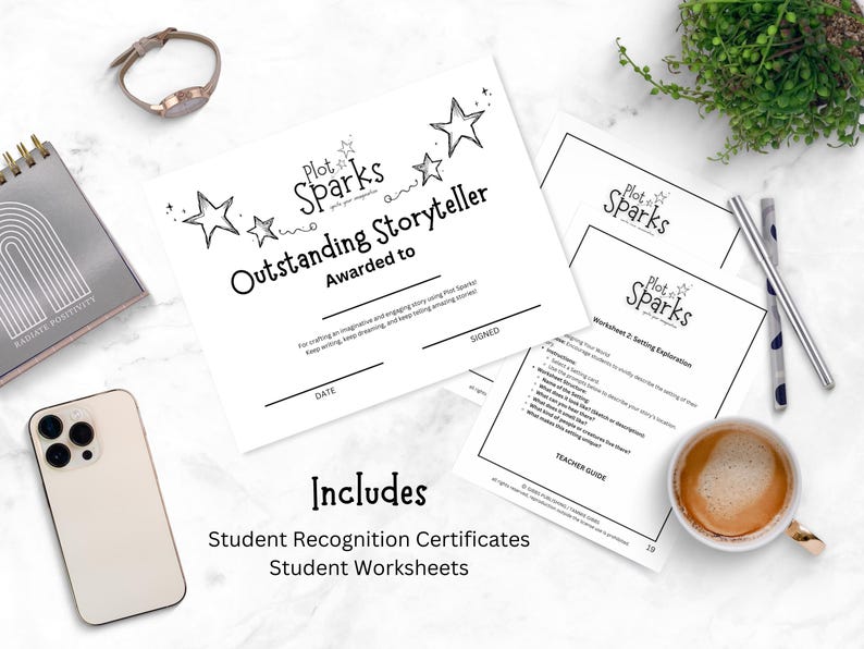 May include: Black and white printable certificate that says "Plot Sparks Outstanding Storyteller Awarded to" with a date and signature line.  The certificate is accompanied by a black and white worksheet titled "Worksheet 2: Setting Exploration" with a teacher guide.  The text "Includes Student Recognition Certificates Student Worksheets" is at the bottom of the image.