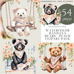 Akwarela słodki miś clipart, brzoskwiniowa sztuka bandany, dekoracja baby shower, natychmiastowe pobieranie, tworzenie plików PNG