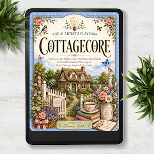 May include: A digital tablet displaying a book cover titled The AI Artist's Playbook Cottagecore. The cover features a cottage, a white picket fence, a basket of flowers, a teacup on books, and text including Design it with Tammie Gibbs.