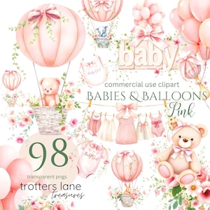 Hot Air Balloon Clipart Pink | Elephant with Balloon, Bunny Toy, Baby Clothes Line, Boho Watercolor PNGs, Baby Shower, Birthday Invitation