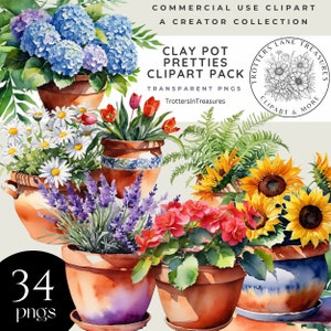 Aquarell Blumentöpfe Clipart Pack - Transparente PNGs, Blumentöpfe, Digitaler Download, Bastelbedarf, kommerzielle Nutzung, Tontopf