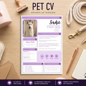 May include: An A4 printable pet CV template featuring a purple and white layout with a photo of a white German Shepherd named Sadie. The document includes sections for owner details, references, training, and personality icons for a pet profile.