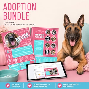 May include: An adoption bundle featuring two A4 flyers and three Facebook posts with pink and blue layouts. The flyers display text including ADOPTION BUNDLE, EEVEE, and PUPPIES AVAILABLE. A tablet shows a digital preview of the design templates.
