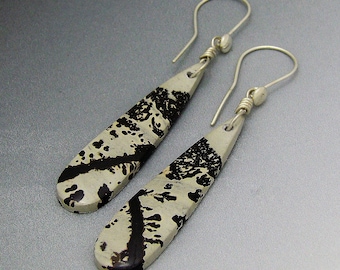 Leopard Skin Jasper on long sterling silver fish hook ear wires