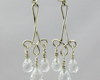 White Topaz Briollettes on long knot chandelier earrings with lever backs