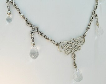 Celtic Knot Silver Necklace with White Topaz Briolettes