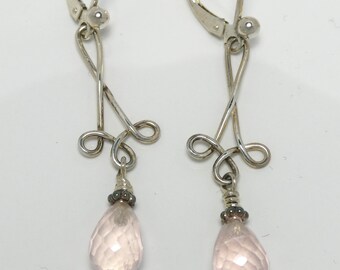 Rose Quartz briollette drop earrings on lever backs
