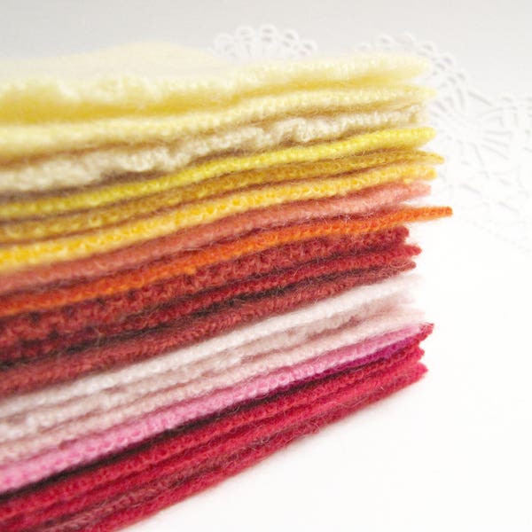 Felted Cashmere Sweater Fabric Squares Eco-Friendly Craft Fabric Bundle Felted Wool Destash Yellow Red Orange Pink 20 - 4" x 4" Pieces 233