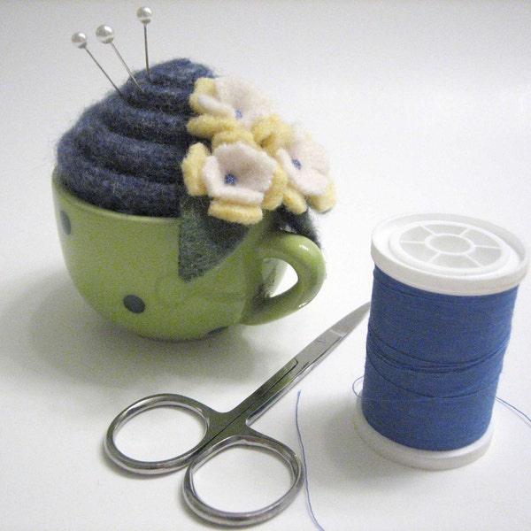 Miniature Green with Blue Polka Dots Coffee Cup Swirl Pincushion with Flowers Handmade from Felted Wool and Cashmere