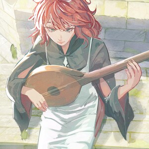 May include: Illustration of a person with red hair playing a lute. The person is wearing a black top and a white apron. The background features a brick wall and sunlight.
