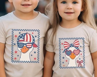 Retro Goose 4th of July Kids Shirt, 4th of July Gift, Checkered Goose 4th of July Toddler Tee, Cute Goose Siblings Matching Shirt, Goose Tee