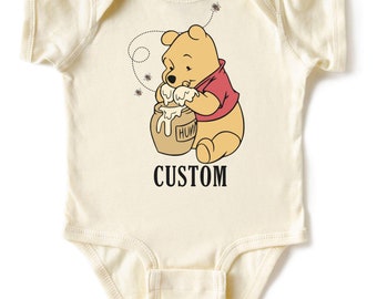 Custom Winnie The Pooh Onesie®, Personalized Winnie The Pooh Baby Shower Gift, Natural Coming Soon Onesie®, Personalized Pooh Bear Kids Tee