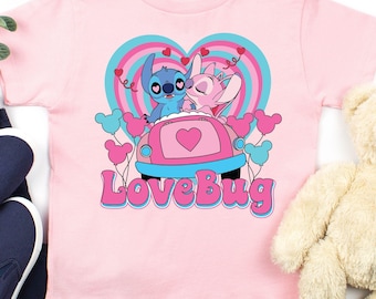 Stitch And Angel Love Bug Kids Valentine Shirt, Unique Valentine Gift For Kids, Disney Stitch Angel Valentine's Day Tee, Stitch Love T-shirt