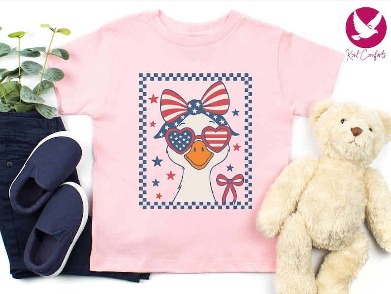 Retro Goose 4th of July Kids Shirt, 4th of July Gift, Checkered Goose 4th of July Toddler Tee, Cute Goose Siblings Matching Shirt, Goose Tee