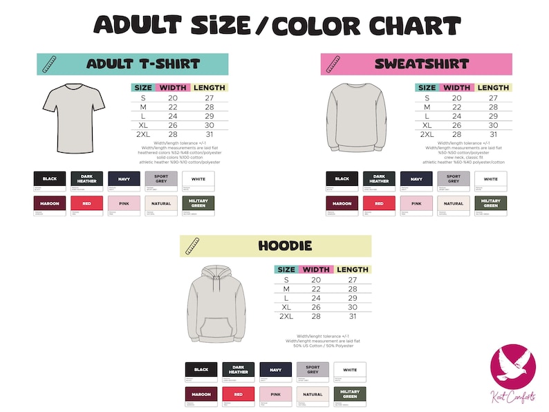 May include: An adult size and color chart for t-shirts, sweatshirts, and hoodies. The chart includes size, width, and length measurements in inches, along with color swatches. The text "ADULT SIZE / COLOR CHART" is at the top.