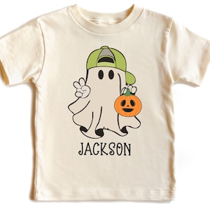 Custom Cute Ghost Halloween Shirt, Personalized Halloween Ghost Gift, Funny Trick Or Treat Kids Tee, Spooky Pumpkin Fall Baby Bodysuit