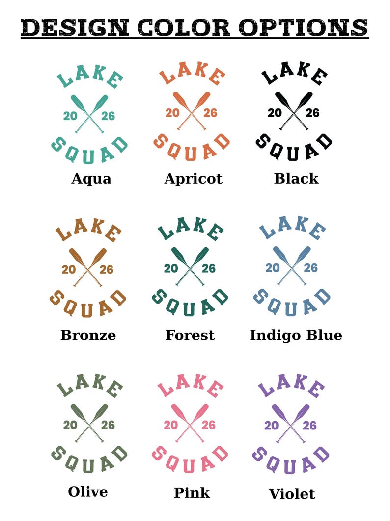 K&ouml;nnte beinhalten: Eine Grafik mit der &Uuml;berschrift DESIGN COLOR OPTIONS zeigt neun Varianten eines Lake Squad Logos. Jedes Logo enth&auml;lt den Text LAKE SQUAD, das Jahr 2026 und gekreuzte Ruder in verschiedenen Farben: Aqua, Aprikose, Schwarz, Bronze, Waldgr&uuml;n, Indigoblau, Oliv, Pink und Violett.