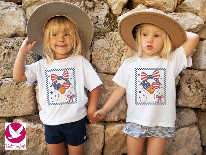Retro Goose 4th of July Kids Shirt, 4th of July Gift, Checkered Goose 4th of July Toddler Tee, Cute Goose Siblings Matching Shirt, Goose Tee