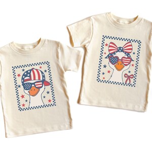 Retro Goose 4th of July Kids Shirt, 4th of July Gift, Checkered Goose 4th of July Toddler Tee, Cute Goose Siblings Matching Shirt, Goose Tee