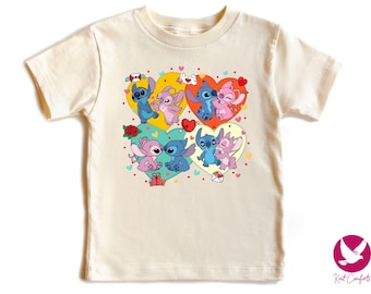 Stitch And Angel Kids Valentine Shirt, Unique Valentine Gift For Kids, Disney Stitch Angel Valentine's Day Tee, Disney Stitch Love T-shirt