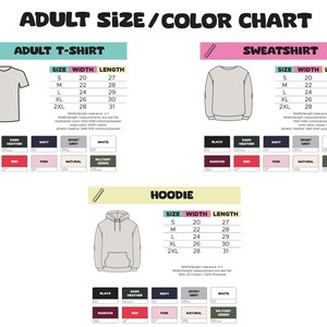 Pu&ograve; includere: Tabella delle taglie e dei colori per t-shirt, felpe e felpe con cappuccio per adulti. La tabella include le misure di larghezza e lunghezza in pollici per le taglie S, M, L, XL e 2XL. Le opzioni di colore includono nero, grigio melange scuro, blu navy, grigio sportivo, bianco, bordeaux, rosso, rosa, naturale e verde militare.