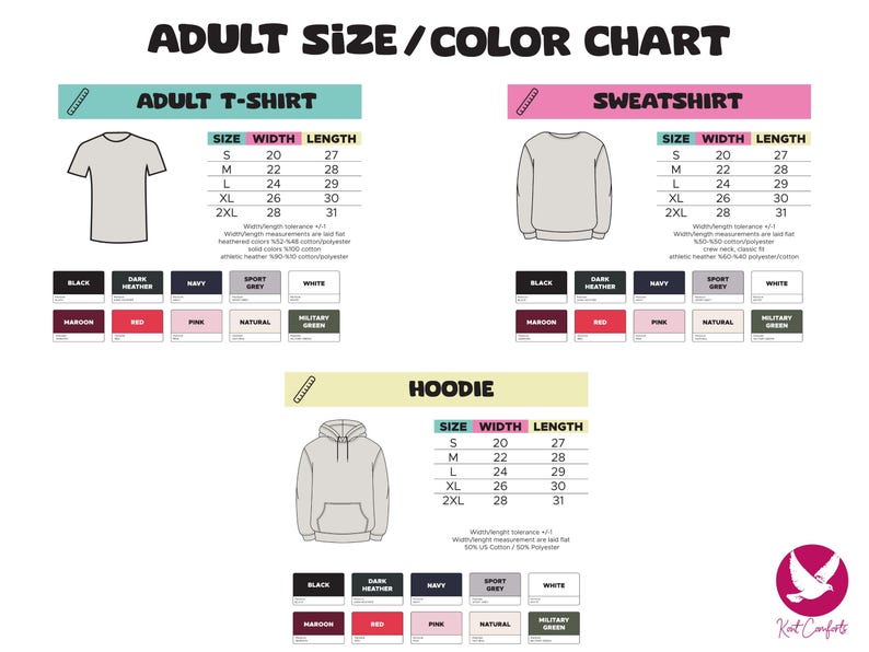 Pu&ograve; includere: Tabella delle taglie e dei colori per t-shirt, felpe e felpe con cappuccio per adulti. La tabella include le misure di larghezza e lunghezza in pollici per le taglie S, M, L, XL e 2XL. Le opzioni di colore includono nero, grigio melange scuro, blu navy, grigio sportivo, bianco, bordeaux, rosso, rosa, naturale e verde militare.