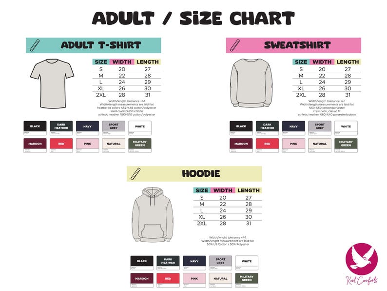May include: Size chart for adult t-shirts, sweatshirts, and hoodies. The chart shows the width and length measurements in inches for each size: S, M, L, XL, and 2XL. The chart also includes a colour palette with options for black, dark heather, navy, sport grey, white, maroon, red, pink, natural, and military green.
