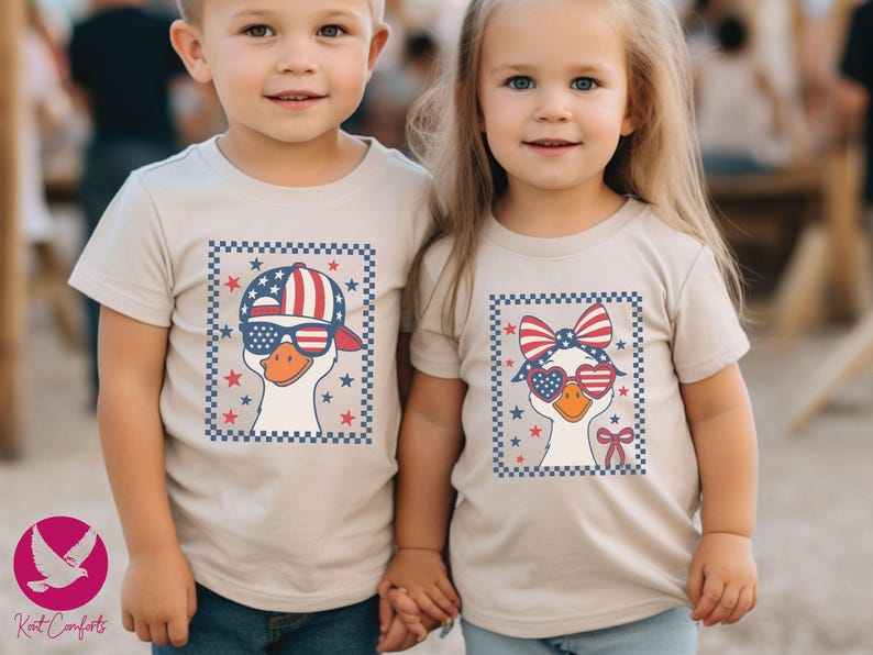 Retro Goose 4th of July Kids Shirt, 4th of July Gift, Checkered Goose 4th of July Toddler Tee, Cute Goose Siblings Matching Shirt, Goose Tee