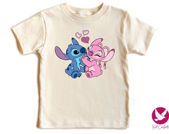 Stitch And Angel Kids Valentine Shirt, Trendy Valentine Gift For Kids, Disney Stitch Angel Valentine's Day Tee, Stitch Toddlers Love T-shirt