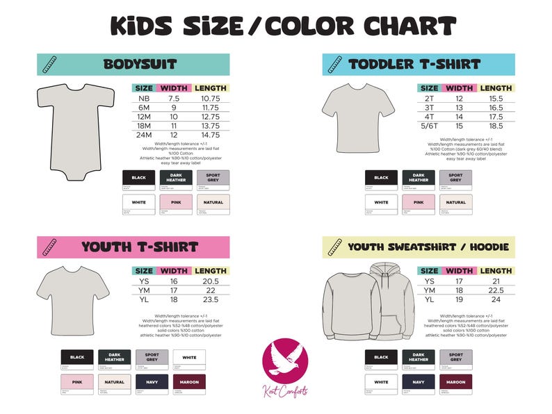 K&ouml;nnte beinhalten: Gr&ouml;&szlig;en- und Farbtabelle f&uuml;r Kinder f&uuml;r Bodys, Kleinkind-T-Shirts, Jugend-T-Shirts und Jugend-Sweatshirts/Hoodies. Die Tabelle enth&auml;lt Gr&ouml;&szlig;en-, Breiten- und L&auml;ngenma&szlig;e in Zoll. Die Farboptionen umfassen Schwarz, Wei&szlig;, Dunkelgrau, Sportgrau, Rosa, Natur, Marine und Rotbraun.