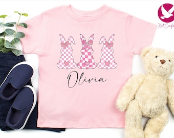 Custom Girls Easter Bunny Shirt, Easter Gift For Girls, Checkered Easter Rabbit Girl T-shirt, Cute Happy Easter Day Tee, Easter Baby Onesie®