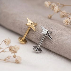 May include: Two flat-back labret studs featuring a four-pointed star design. One stud is gold-toned and the other is silver-toned. Each piece consists of a thin post, a flat circular base, and a star-shaped top element with faceted edges.