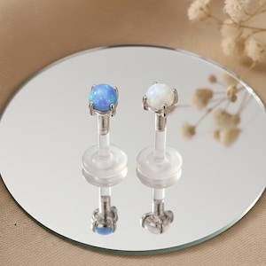 14K White Gold Fire Opal Prong Set Top Bio-Flex Labret