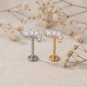 May include: Two flat back labret studs featuring a fan-shaped top adorned with clear marquise and round cut cubic zirconia stones. One stud is finished in a silver tone, while the other is finished in a gold tone, both with a circular base.