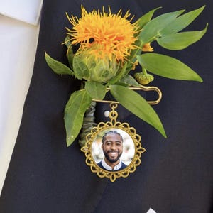 Memorial Photo Charm Pin | Personalized Wedding Keepsake for Groom or Bride Bouquet | Bronze or Silver