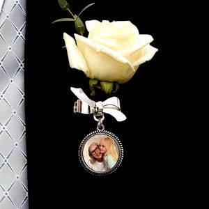 Groom Wedding Day Gift | Custom Photo Charm for Suit or Bouquet | Lapel Photo Keepsake | Memorial Gift for Groom