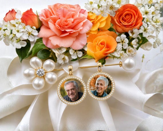 Gold Pearl Wedding Bouquet Photo Charm Bridal Keepsake in memory