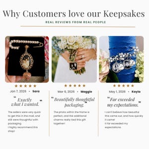 Puede incluir: Un collage titulado Why Customers love our Keepsakes que muestra tres fotos de joyer&iacute;a personalizada: un imperdible con perlas y un colgante de gato, dijes para ramo de flores y una pulsera decorada con cristales y dijes fotogr&aacute;ficos.