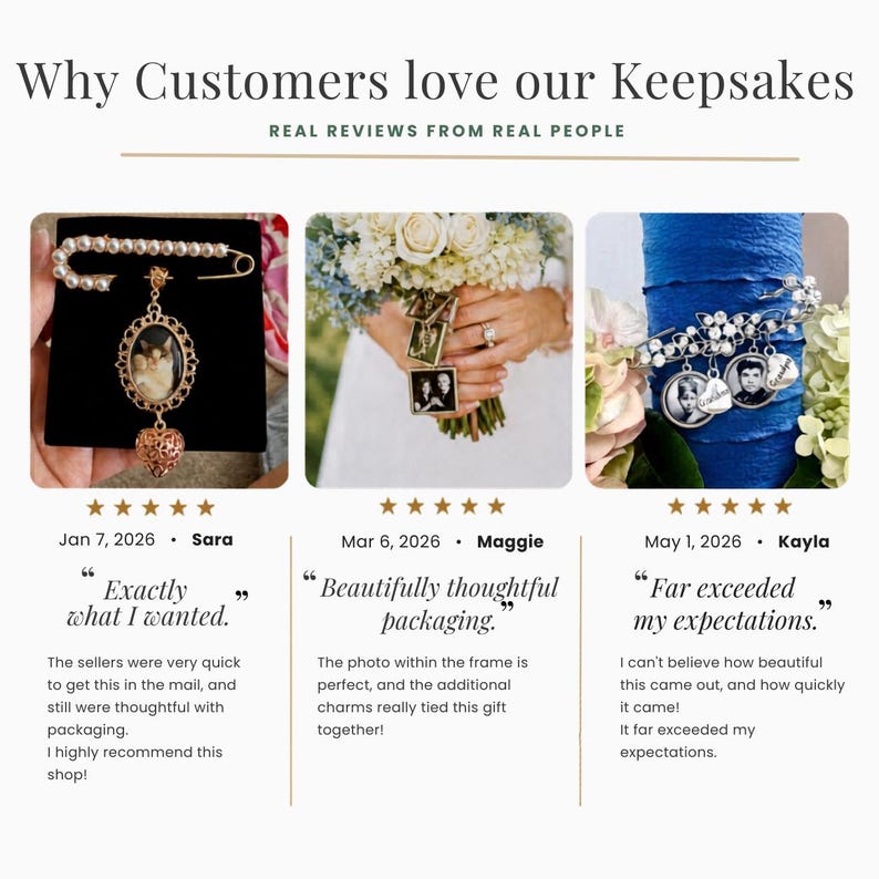 Puede incluir: Un collage titulado Why Customers love our Keepsakes que muestra tres fotos de joyer&iacute;a personalizada: un imperdible con perlas y un colgante de gato, dijes para ramo de flores y una pulsera decorada con cristales y dijes fotogr&aacute;ficos.