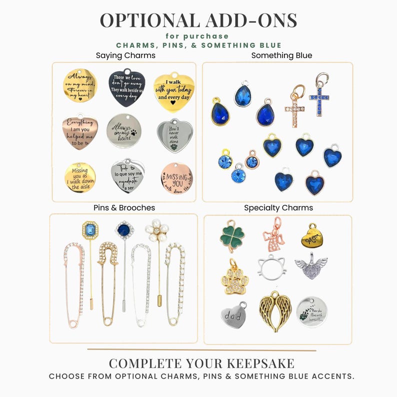Puede incluir: Una colecci&oacute;n de accesorios opcionales que incluye dijes de metal con texto grabado, dijes de cristal azul, alfileres y broches decorativos con pedrer&iacute;a o perlas, y dijes especiales con formas de corazones, alas y animales.