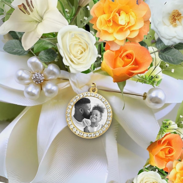 Custom Wedding Keepsake | Bouquet Photo Charm | Pearl and Rhinestone Flower Pin