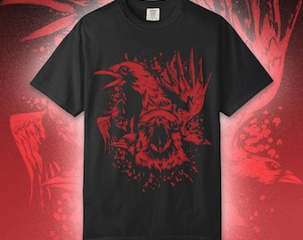 Black Comfort Colors Heavyweight Cotton T-Shirt, Unisex Adult S-4XL, Red Raven Murder Art Tee For Metal Fans, Gothic Crow Streetwear