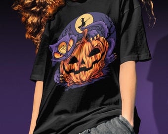 Black Comfort Colors Heavyweight Cotton T-Shirt, Unisex Adult S-4XL, Psychedelic Pumpkin Cat Graphic, Witchy Goth Streetwear For Adults
