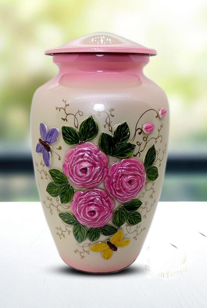 Adult Cremation Urn with Pink Rose embossed - Handcrafted Aluminum Memorial Urn for Human Ashes with capacity up to 240 cu. in or 250 lbs